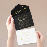 Tout En Un Invitation Chic Script Black 70th Birthday Party<br><div class="desc">Élégante invitation tout-en-un de 70ème anniversaire noir avec "soixante-dix" dans un script chic, votre nom et "RSVP" dans la typographie serif élégante et les détails de la fête en lettres simples et modernes, le tout rendu dans votre choix d'or, argent ou feuille d'or rose. Une carte postale blanche RSVP vous...</div>
