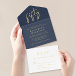 Tout En Un Invitation Chic Script Blue 50th Birthday Party<br><div class="desc">Elégante soirée de 50ème anniversaire bleu marine foncé sur invitation avec "cinquante" dans un script chic,  votre nom dans la typographie serif classique,  les détails de la fête en lettres simples,  et une carte de réponse RSVP déchirante,  le tout rendu dans votre choix d'or,  argent ou feuille d'or rose.</div>