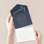 Tout En Un Invitation Chic Script Blue 70th Birthday Party<br><div class="desc">Élégante invitation tout-en-un de 70e anniversaire bleu foncé qui présente "soixante-dix" dans un grand script chic, votre nom dans une élégante typographie serif, les détails de la fête en lettres simples, et une carte de réponse RSVP déchirante blanche, le tout rendu dans votre choix d'or, argent ou feuille d'or rose...</div>