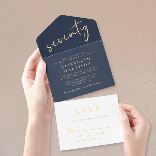 Tout En Un Invitation Chic Script Blue 70th Birthday Party