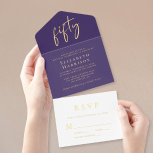 Tout En Un Invitation Chic Script Purple 50e fête d'anniversaire