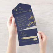 Tout En Un Invitation Classic élégant feuille d'or marine bleu mariage R (Détachable)