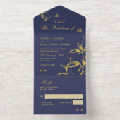 Tout En Un Invitation Classic élégant feuille d'or marine bleu mariage R (Intérieur)