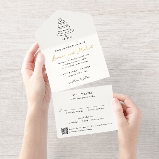 Tout En Un Invitation Code QR gâteau dessiné à la main Mariage Moderne (Détachable)