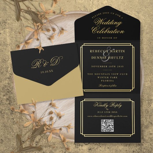 Tout En Un Invitation Code QR moderne Art Déco Monogramme Mariage Feuill