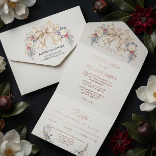 Tout En Un Invitation Crème d'hiver Ruban Floral Mariage Vrai Feuille Pr