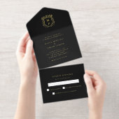 Tout En Un Invitation Crête Dorée | Élégant Mariage Noir Papier Doré (Détachable)