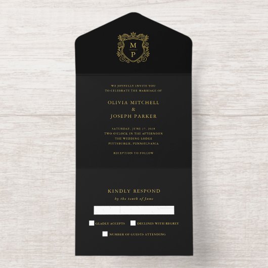 Tout En Un Invitation Crête Dorée | Élégant Mariage Noir Papier Doré (Intérieur)