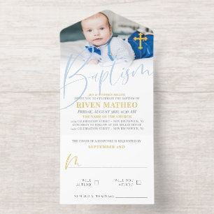Tout En Un Invitation Croix dorée Écriture Bleu pâle Photo Baptême Feuil