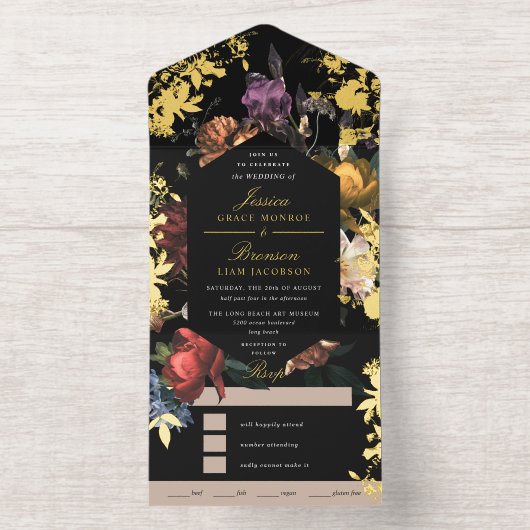 Tout En Un Invitation Dark Moody Romantic Floral Dutch Painterly Foil (Intérieur)