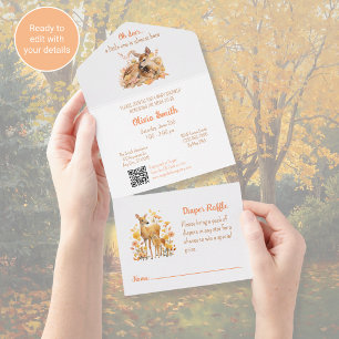 Tout En Un Invitation de Baby Shower "Oh Deer" avec QR Code t