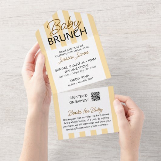 Tout En Un Invitation de Brunch pour bébé rayé jaune avec car (Déchirure)