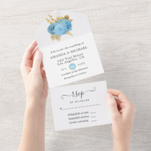 Tout En Un Invitation de mariage florale pastel bleu et or to