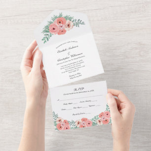 Tout En Un Invitation de mariage florale rose et verte tout-e