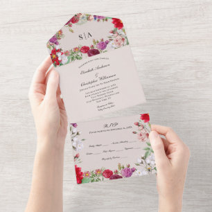 Tout En Un Invitation de mariage florale rouge violet tout-en