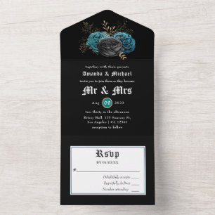 Tout En Un Invitation de mariage gothique florale sarcelle et