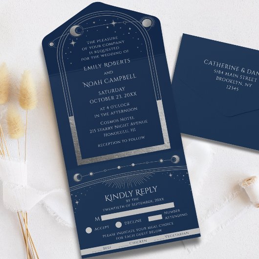 Tout En Un Invitation de mariage Navy Blue Silver Celestial S