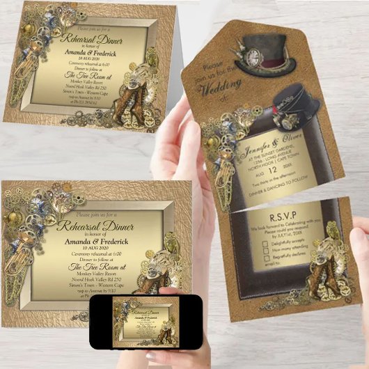 Tout En Un Invitation de mariage Steampunk & cuir doré tout-e