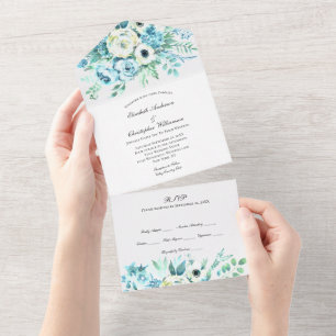 Tout En Un Invitation de mariage tout-en-un à fleurs bleues e