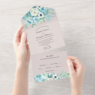 Tout En Un Invitation de mariage tout-en-un à fleurs bleues e