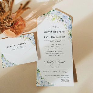 Tout En Un Invitation de mariage tout-en-un floral bleu pouss