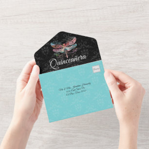 Tout En Un Invitation de Quinceañera avec damas à la libellul