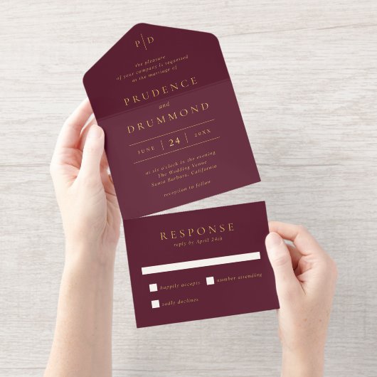 Tout En Un Invitation Deep Burgundy Elegant Classic Wedding (Détachable)