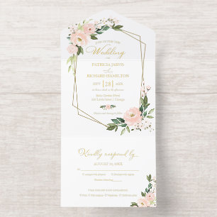 Tout En Un Invitation Délicat Mariage Floral Géométrique Rose Pâle