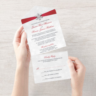 Tout En Un Invitation Diamante Flocon de neige et Ruban rouge Mariage d'
