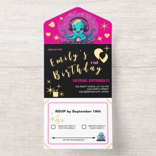 Tout En Un Invitation DJ Octopus souriant, Happy Music Party / Anniversa (Intérieur)