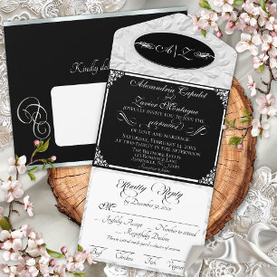 Tout En Un Invitation Écriture élégante, monogramme et cadre - Noir/Arge