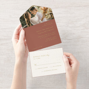 Tout En Un Invitation Éditorial de photo de mariage moderne en cuivre ru