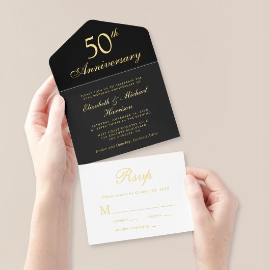 Tout En Un Invitation Élégant Black Gold 50e anniversaire Mariage