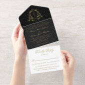 Tout En Un Invitation Elegant Black Gold Foil Crest Monogram Wedding (Détachable)
