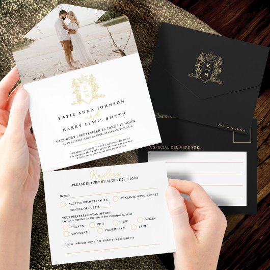 Tout En Un Invitation Elegant Black & Gold Monogrammed Wedding foil