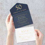Tout En Un Invitation Elégant Blue 50th Birthday Party<br><div class="desc">Élégante invitation tout-en-un à la fête du 50e anniversaire bleu foncé avec "Cheers to 50 Years", votre nom et les détails de l'invitation dans la typographie serif classique et le lettrage moderne propre, et une carte postale réponse RSVP déchirante, le tout rendu dans votre choix de véritable feuille or or,...</div>
