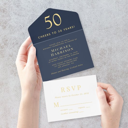 Tout En Un Invitation Elégant Blue 50th Birthday Party