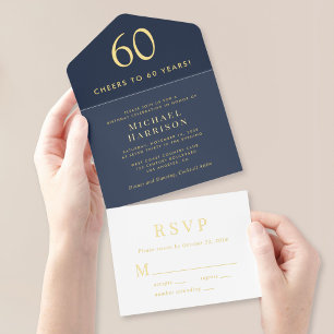 Tout En Un Invitation Elégant Blue 60e fête d'anniversaire