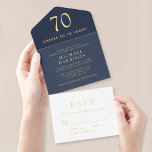 Tout En Un Invitation Elégant Blue 70th Birthday Party<br><div class="desc">Élégante invitation tout-en-un bleu marine 70e anniversaire avec "Cheers to 70 Years",  votre nom,  les détails de l'invitation et une carte postale de réponse RSVP blanc déchiré écrit dans la typographie serif classique et le lettrage moderne propre,  le tout rendu dans votre choix d'or,  argent ou feuille d'or rose.</div>
