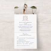 Tout En Un Invitation Elegant blue & rose gold monogrammed wedding foil (Intérieur)