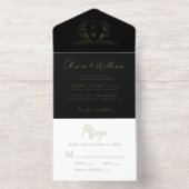 Tout En Un Invitation Élégant Cimier Monogramme Script Mariage noir (Intérieur)