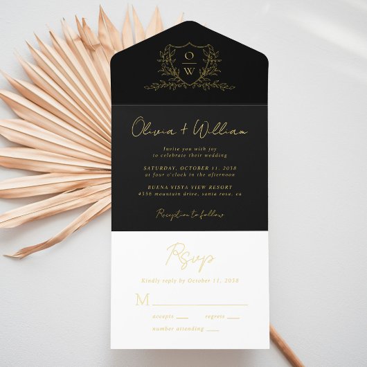Tout En Un Invitation Elegant Crest Monogram Script Black Wedding All In