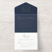 Tout En Un Invitation Elegant Crest Monogram Script Blue Wedding (Intérieur)