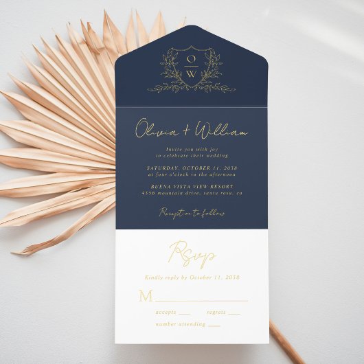 Tout En Un Invitation Elegant Crest Monogram Script Blue Wedding