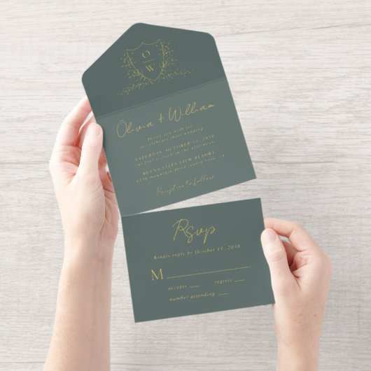 Tout En Un Invitation Elegant Crest Monogram Script Sage Wedding (Détachable)