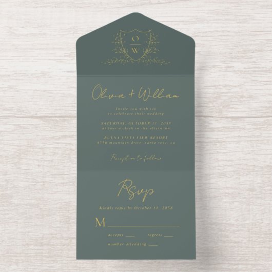 Tout En Un Invitation Elegant Crest Monogram Script Sage Wedding (Intérieur)