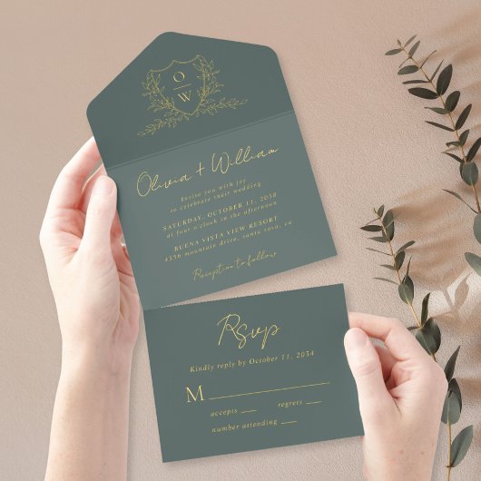 Tout En Un Invitation Elegant Crest Monogram Script Sage Wedding