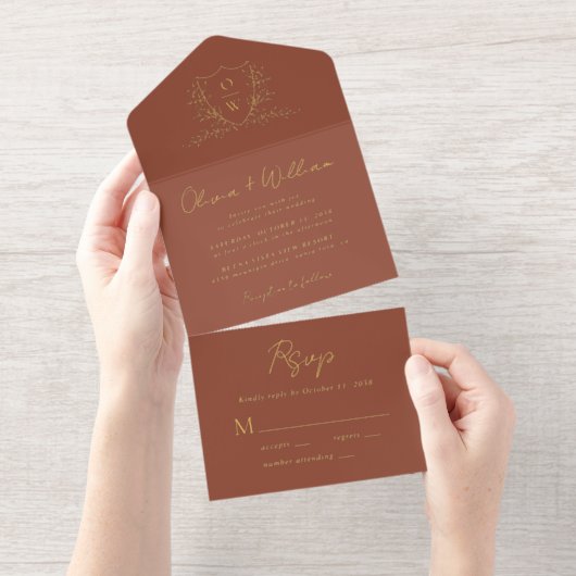 Tout En Un Invitation Elegant Crest Monogram Script Terracotta Wedding (Détachable)