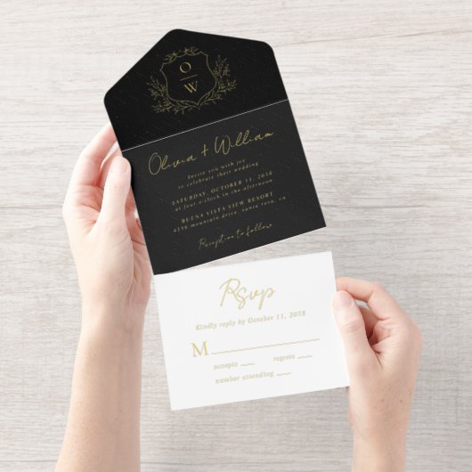 Tout En Un Invitation Élégant Crest Monogramme Mariage noir (Détachable)