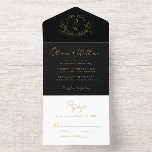 Tout En Un Invitation Élégant Crest Monogramme Mariage noir (Intérieur)